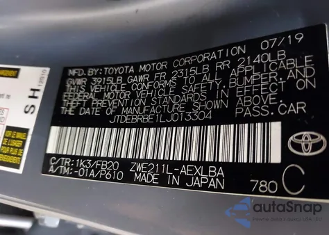 2020 Toyota Corolla Hybrid Le from USA, damaged, VIN JTDEBRBE1LJ013304